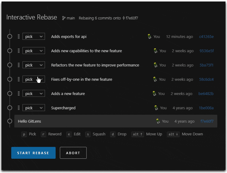 GitLens Interactive Rebase Editor